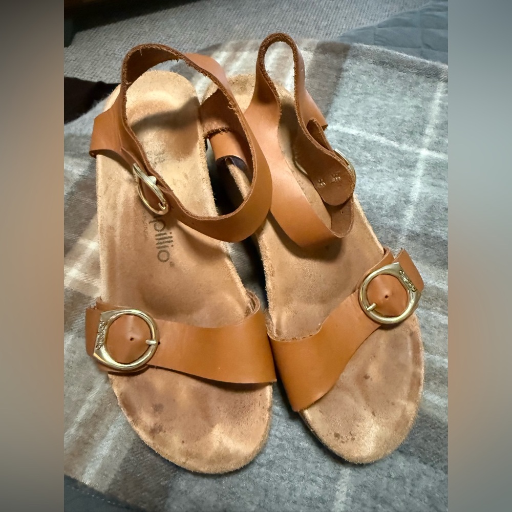 Papillo (Birkenstock) Brown Leather Sandals with Gold Buckles